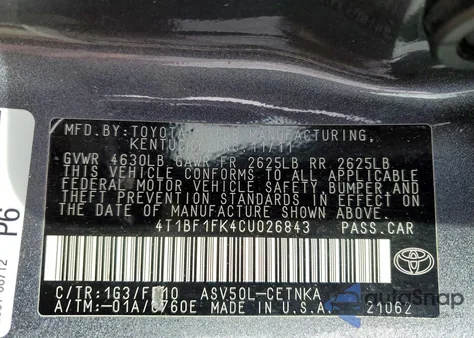 2012 Toyota Camry Base from USA, damaged, VIN 4T1BF1FK4CU026843